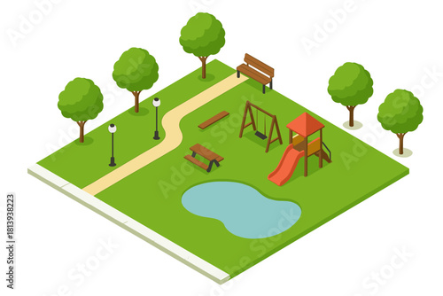 Isometric public park landscape with children's playground, trees, benches, and pond