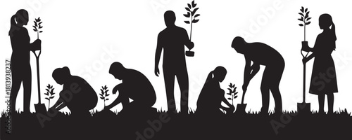 Diverse silhouettes planting trees celebrating international volunteer day global community effort