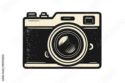 Vintage analog film camera featuring distressed grunge texture in monochrome style