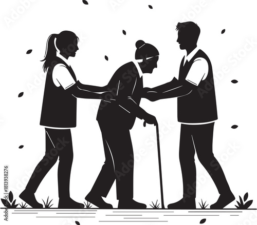 Diverse volunteers helping elderly person walk support caregiving together international volunteer day