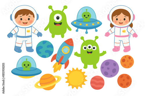 Cute cartoon space elements set with astronauts, friendly aliens, planets, and rocket ship