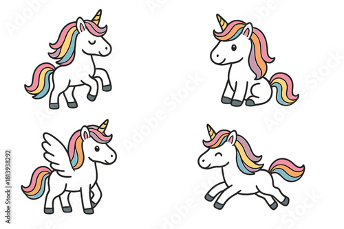 Set of adorable cartoon unicorns with vibrant rainbow mane and tail in various playful poses
