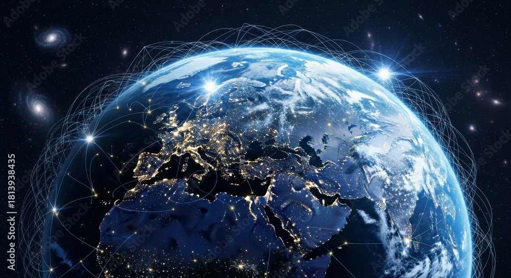 Obraz premium Global Network Connectivity Earth From Space - A globe shows networks with bright points symbolizing connectivity, communication, technology, innovation, and globalization on a global scale