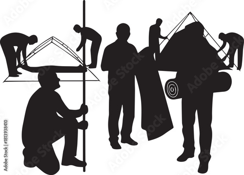 Silhouettes of people working together setting up tents for international volunteer day celebration