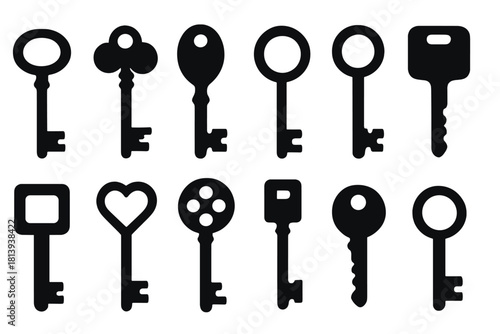 Collection of vintage and modern key silhouettes for security and access concepts