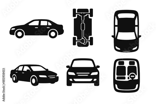 Various sedan car perspectives and undercarriage components for automotive design