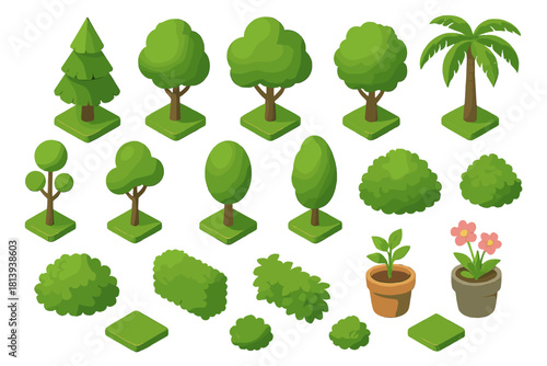 Isometric collection of garden and park elements including trees, bushes, shrubs, and potted plants