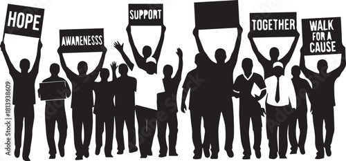 Diverse group holding signs protesting for hope support unity and causes on international volunteer day