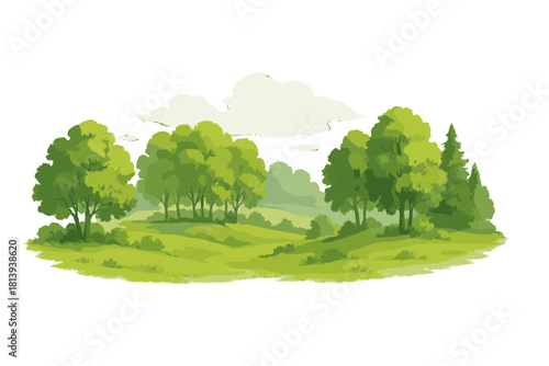 Lush green summer landscape with rolling hills and deciduous trees under a bright sky