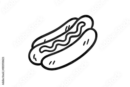 Classic hot dog served on a bun topped with sauce in a simple black and white design