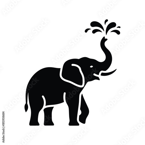 Black elephant spraying water trunk silhouette playful animal graphic isolated on white background