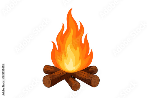 Bright burning campfire with orange and yellow flames on stacked wooden logs