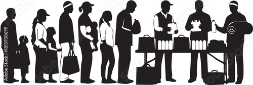 Diverse group of people forming a line for volunteer service and donation collection