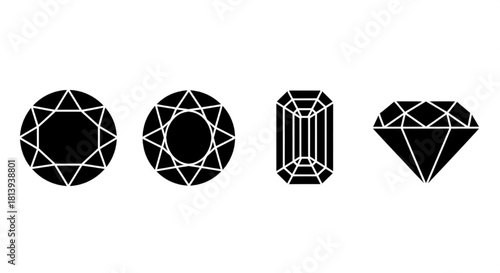 Diamond Silhouette Vector Showing Cut Variations — Round, Oval, Emerald, Princess Styles

