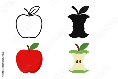 Collection of four different fruit icons showing whole, outline, silhouette, and bitten core