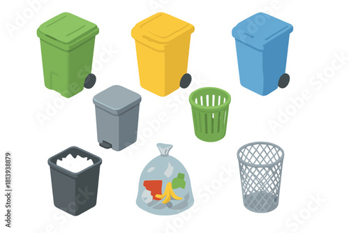 Isometric set of various trash cans, recycling bins, and garbage bags for waste sorting and disposal