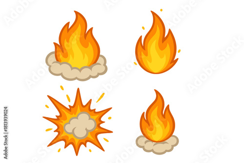 Stylized cartoon fire icons set featuring flames, burning campfire, and dynamic explosive blast