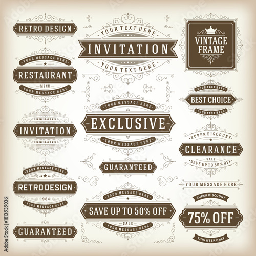 Vintage retro label set with premium gold badges and ribbons design elements