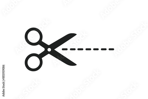 Minimalist black open scissors and horizontal dashed line indicating precise cutting path