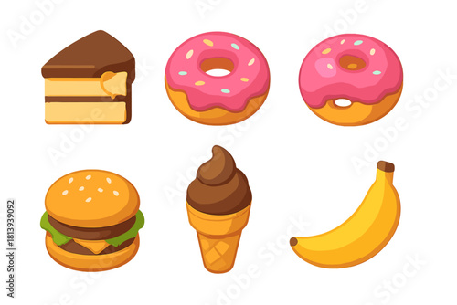Popular snack foods including cake, donuts, hamburger, ice cream, and banana