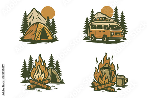 Vintage outdoor adventure and camping badges featuring tents, campfires, and a retro van
