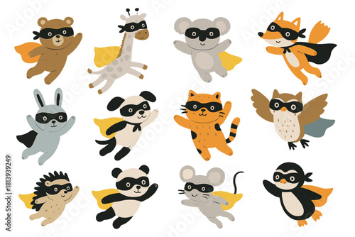 Twelve cute flying animal characters wearing superhero masks and colorful capes