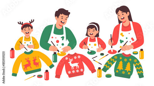 Festive Family Creativity: A joyful family paints vibrant Christmas sweaters together, spreading holiday cheer and creating lasting memories.