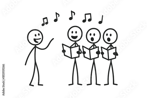 Simple stick figures singing in a choir led by a conductor with musical notes floating above