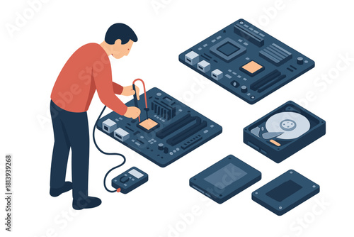 Professional technician diagnosing and repairing electronic components on a computer motherboard