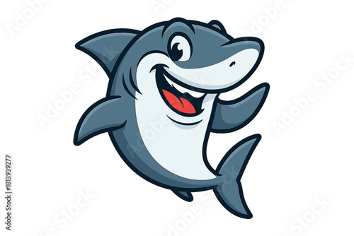 Happy cartoon shark mascot waving and smiling widely on a white background