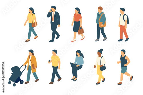 Diverse set of isometric people walking, running, and using technology in daily life scenes