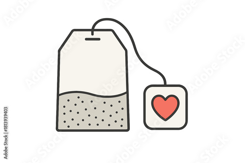 Teabag with heart symbol on the tag representing affection for tea and hot drinks