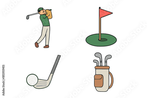 Golf player swinging, putting green, ball, club, and equipment bag set