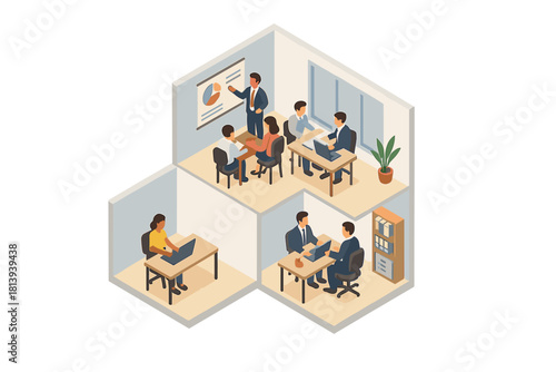 Isometric layout showing business professionals collaborating and presenting data