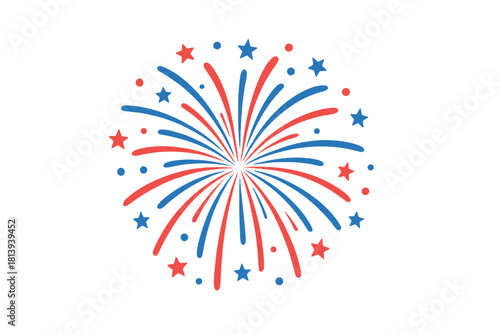 Patriotic fireworks burst design element featuring red and blue stars and dots