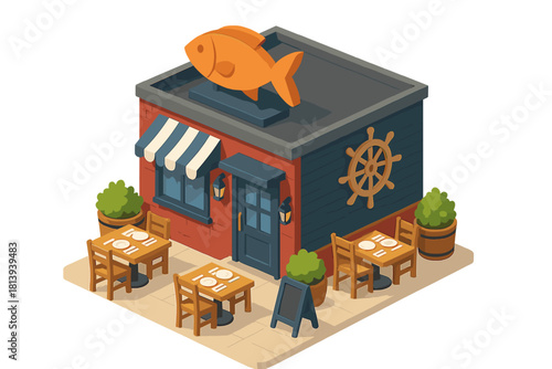 Charming isometric seafood restaurant building with outdoor dining tables and a large fish sign on the roof