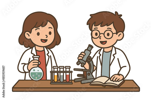 Happy young students conducting a chemistry experiment using a microscope and test tubes in a science laboratory