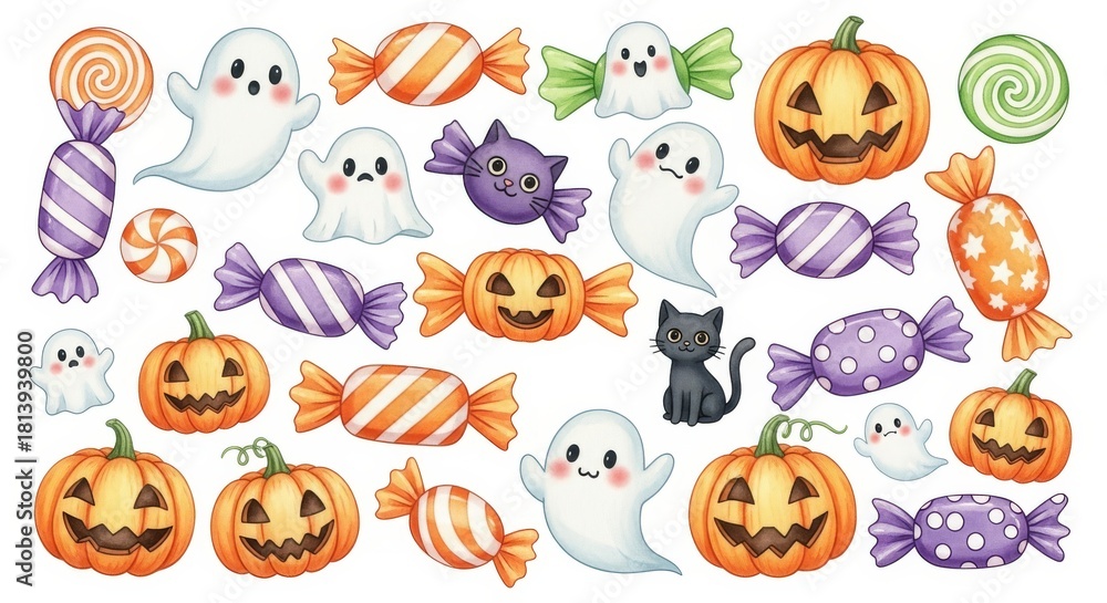 Fototapeta premium Halloween Candies and Ghost Cartoon - A cute and colorful assortment of Halloween themed candies, pumpkins, and ghosts in a cartoon