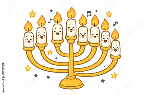 Cute golden Hanukkiah with nine burning candles celebrating the Festival of Lights