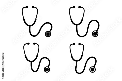 Four simple black and white medical stethoscopes used for healthcare and diagnostics
