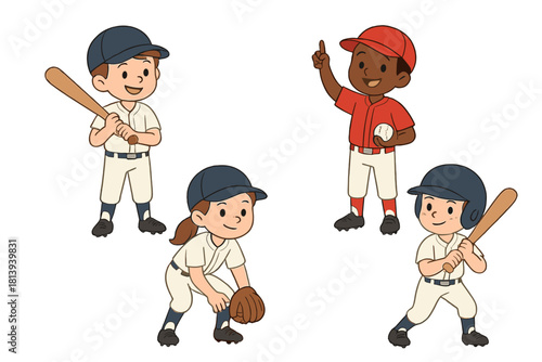 Group of smiling young baseball players in uniform ready to bat, pitch, and field
