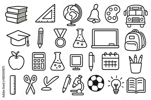 Outline icons collection of school subjects, learning tools, and educational supplies