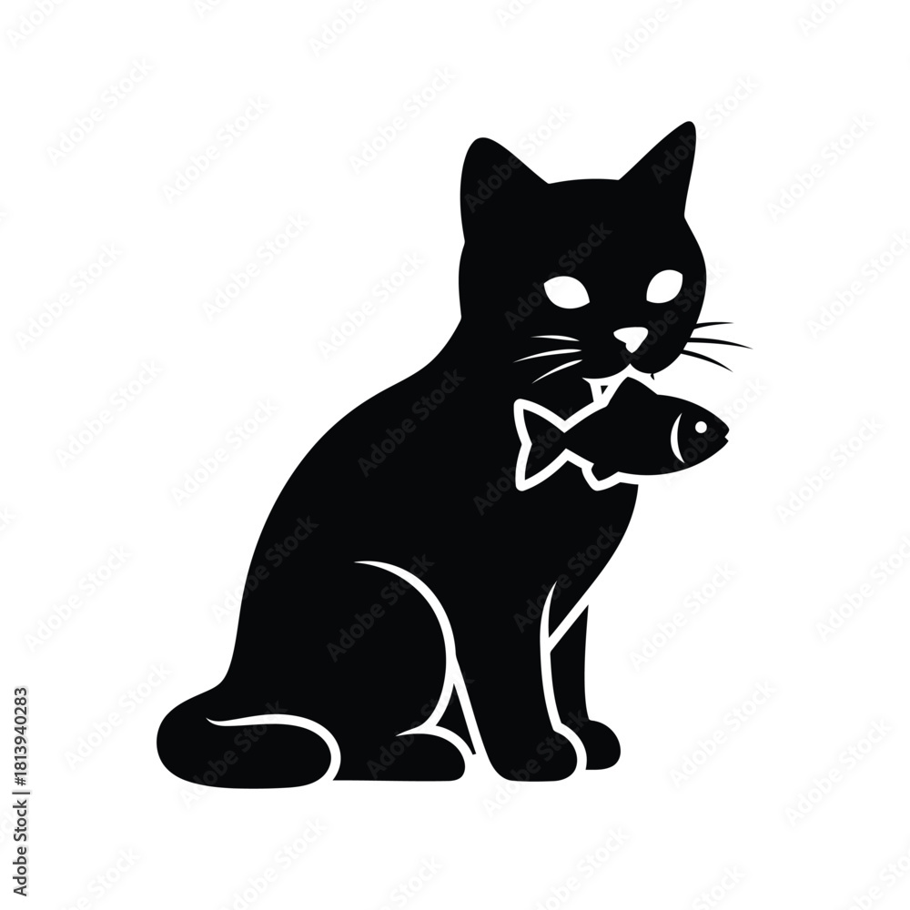 Fototapeta premium Black cat silhouette with fish in mouth pet animal isolated on white background
