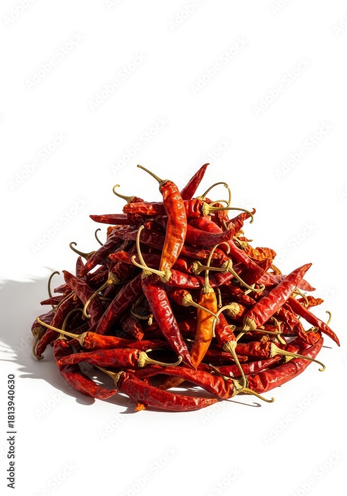 Fototapeta premium Heap of Dried Red Chili Peppers - A pile of dried red chili peppers on a white background. Perfect for adding spice to your designs!