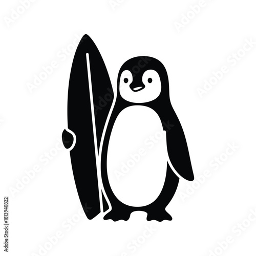 Cute penguin with surfboard vector illustration summer beach fun ocean sport icon isolated on white background