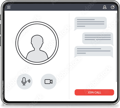 Isolated a Video call screen with picture and with only audio. Web interface of conference chat application with mic and video icon and blank place for your picture. Call window mockup vector art.