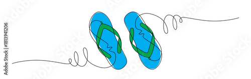 Continuous line art of a pair of sandals or slippers with curved lines. Stylish and modern concept in clothing. This image is for a sandal shop banner. Vector illustration with attractive colors.