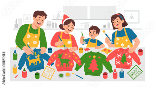 Cozy Christmas Crafting: A cheerful family paints festive sweaters in a workshop, creating unique holiday attire and sharing joyous moments of togetherness.
