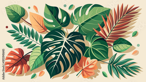 Very beautiful flat lay arrangement of monstera and anthurium leaves displayed on a light beige studio background, showcasing clean lines, soft shadows, natural textures, and elegant tropical composit