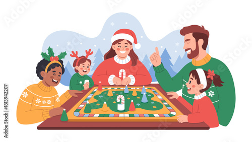 Cozy Christmas Game Night: A joyful gathering of a family around a festive board game, fostering togetherness and holiday cheer.